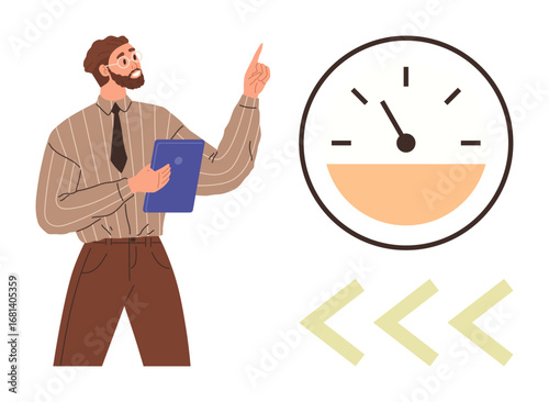 Man holding a clipboard and pointing toward a gauge indicator with a partial fill and arrows. Ideal for analysis, progress tracking, business strategy, goal setting, performance review, education