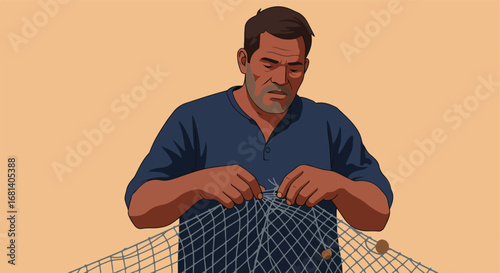 Man Repairing Fishing Net at the Seaside