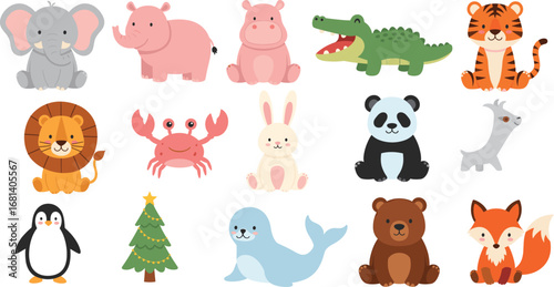 Cute cartoon animals collection including elephant, hippo, crocodile, tiger, lion, rabbit, panda, fox, penguin, bear, crab, seal illustration
