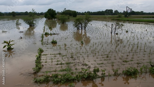 Flooded farmland with various crops partially,