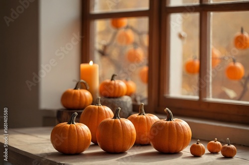 Minimalist Halloween Still Life with Small Orange Pumpkins on Wooden Table