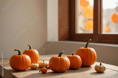 Minimalist Halloween Still Life with Orange Pumpkins on Wooden Table