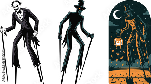 Spooky skeleton figures in formal wear holding canes and lantern