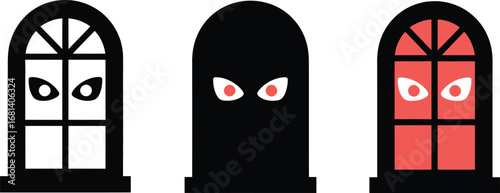 Spooky eyes peering from windows and a hooded figure at night