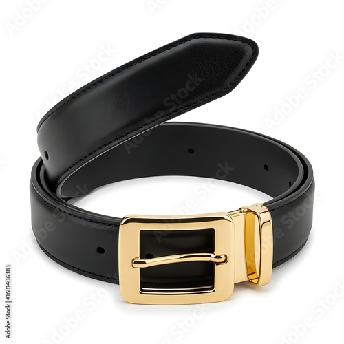 Black leather belt with gold buckle isolated on white background in studio shot