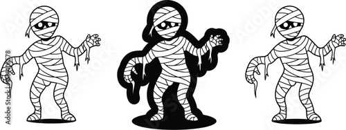 Three cartoon mummies standing against a light
