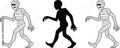 Two mummies and a silhouette walking