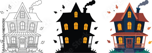 Three spooky haunted houses in different styles for halloween