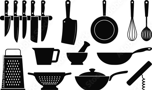 Collection of kitchen utensils and cooking tools silhouettes
