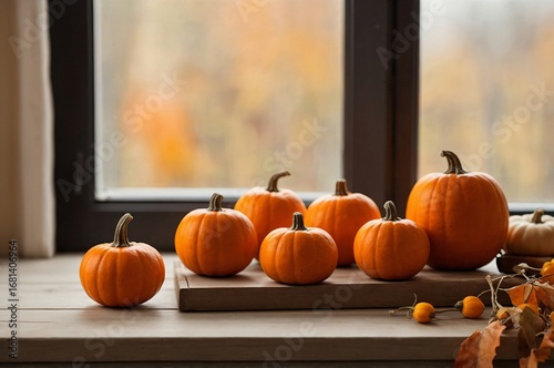Minimalist Halloween Scene with Orange Pumpkins on Wooden Table