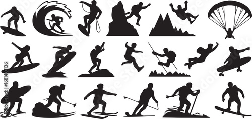 Collection of black silhouettes of people engaged in extreme sports and water sports surfing snowboarding