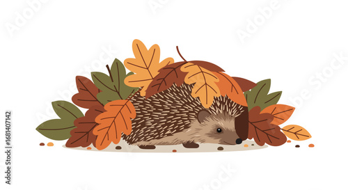Hedgehog Hiding in Autumn Leaves Nature Scene