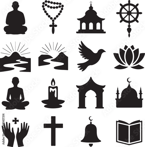 Silhouette icons representing various religions and spiritual practices spirituality meditation