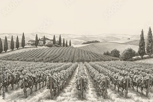 Grape gardens in a charming setting. An old-fashioned landscape sketch. Monochrome, hand-illustrated, wide format.