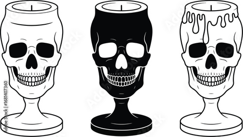 Three skull candle holders in black and white halloween decor