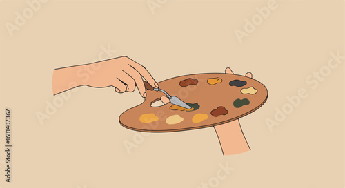 Mixing colors on palette with spatula tool in art studio, flat illustration