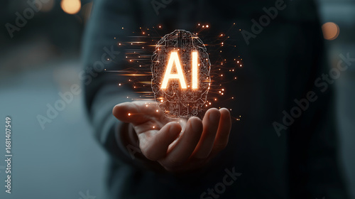 AI Technology in Hand shows the power and reach of AI in modern technology. The concept of the future of human control and integration of advanced digital systems.