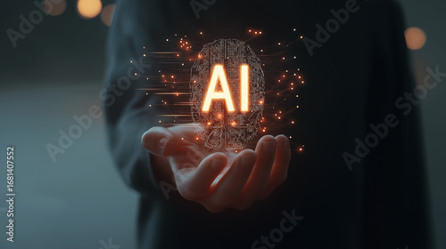 AI Technology in Hand shows the power and reach of AI in modern technology. The concept of the future of human control and integration of advanced digital systems.