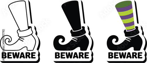 Beware halloween witch legs and shoes in black white and color
