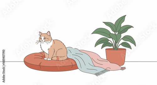 Charming Interior Decor Scene Featuring a Cozy Cat Resting on a Cushioned Bed with a Soft Blanket and a Lush Green Foliage Plant in a Modern Home Setting, Perfect for Animal Comfort, Home Design, and