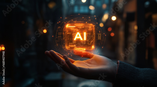 AI Technology in Hand shows the power and reach of AI in modern technology. The concept of the future of human control and integration of advanced digital systems.