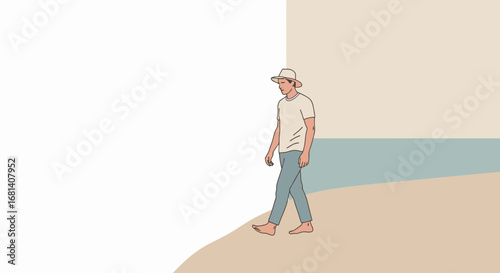 Casual Man Walking in a Minimalist Outdoor Scene, Relaxed Summer Attire, Contemporary Lifestyle, Peaceful Mood, Simplistic Illustration for Travel and Wellness Campaigns