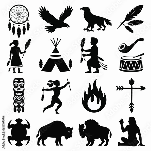 Native American cultural icons and symbols in black silhouette indigenous dream catcher