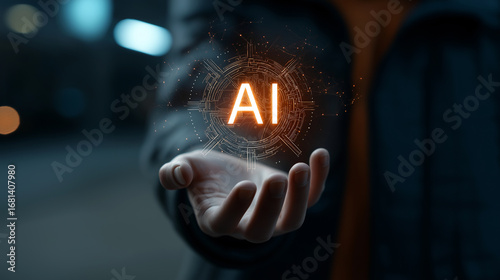 AI Technology in Hand shows the power and reach of AI in modern technology. The concept of the future of human control and integration of advanced digital systems.