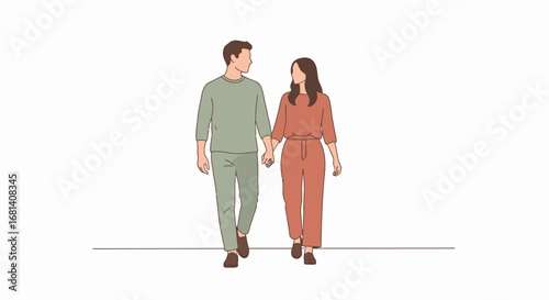 Happy Young Couple Walking Hand in Hand Outdoors in Casual Clothing, Romantic Date, Friendship, Love, Connection, Modern Lifestyle, Positive Mood, Vibrant Interaction, Nature, Urban Setting,