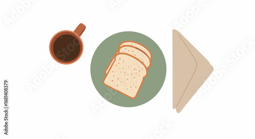 Healthy Breakfast Concept with Coffee, Sliced Bread, and Napkin Flat Lay Scene for Food, Café, and Morning Meal Promotions, Ideal for Advertising and Marketing Campaigns
