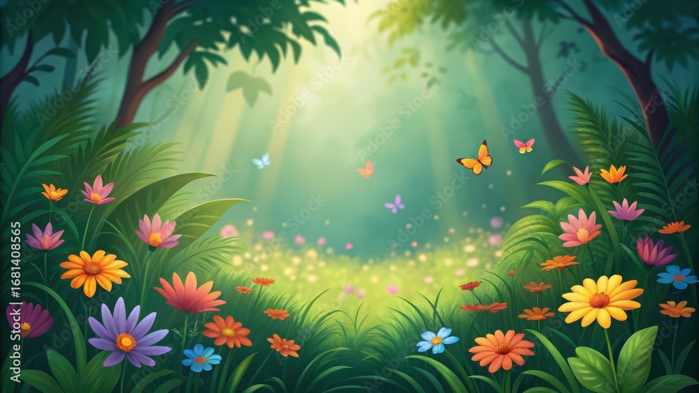 Obraz premium Enchanting forest clearing bathed in golden sunlight alive with vibrant wildflowers and fluttering butterflies