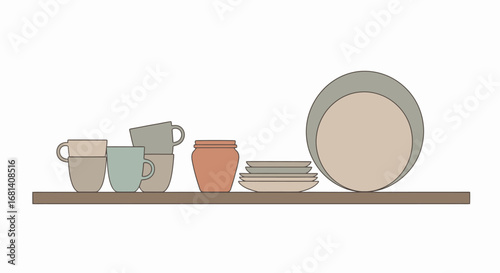 Minimalist Kitchen Shelf Display with Coffee Mugs, Ceramic Pot, and Dinnerware Stack for Modern Home Decor, Food Presentation, and Tableware Arrangement