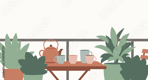 Minimalist Modern Indoor Plant Display with Teapot Cups and Greenery on a Balcony with Natural Light, Stylish Home Decor for Cozy Living Spaces, and Trendy Nature-Inspired Interior Design
