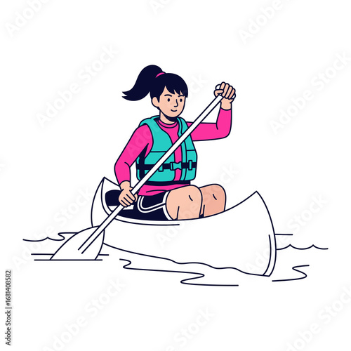 Girl Canoeing on the Water: A young woman paddles her canoe on tranquil water, embraced by the refreshing air. the essence of a vibrant waterside adventure.