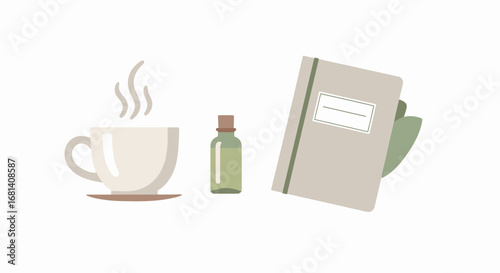 Minimalist Still Life Composition Featuring a Coffee Cup with Steam, Aromatherapy Oil Bottle, and a Notebook with Pen for Productivity, Relaxation, and Creative Work Themes