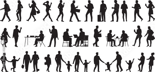 Collection of black silhouettes of people walking sitting and interacting on white background standing
