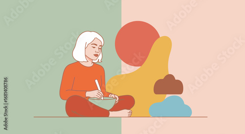 Modern Illustration of a Woman Engaged in Creative Activity at Home, Featuring Simplistic Flat Design Style, Warm Colors, Cozy Atmosphere, Lifestyle Concept for Art, Craft, and Self-Expression