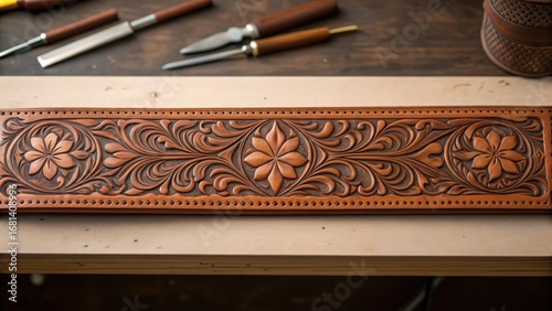 Intricately hand tooled leather belt blank showcasing floral patterns and craftsmanship tools