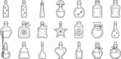 Collection of doodle potion bottles for witchcraft and alchemy vector