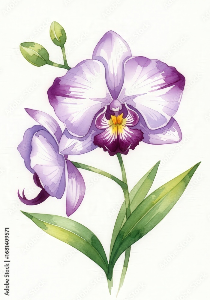 Obraz premium Delicate watercolor illustration of a blooming orchid. Purple and white petals, yellow center, green stem and leaves. Isolated on white background