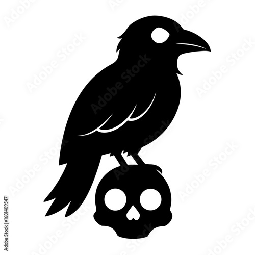 Black raven perched on a skull silhouette
