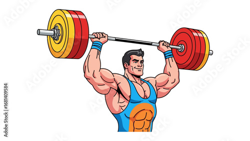 Weightlifter Champion: A muscular cartoon weightlifter successfully lifts a heavy barbell overhead, showcasing strength and determination in a dynamic illustration.