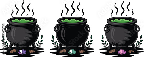Three steaming cauldrons with crystals for halloween design