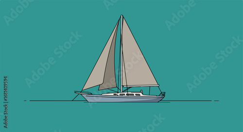 Sailboat Floating on Water - Nautical Illustration on Teal Background