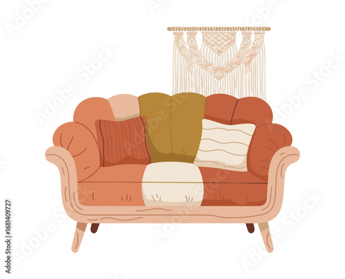 Flat vector of bohemian armchair with patchwork cushions, light wooden frame, and beige macrame wall hanging, isolated on white, cozy and organic home decor illustration
