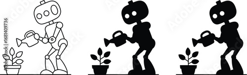 Robot watering plant in pot line art and silhouette versions