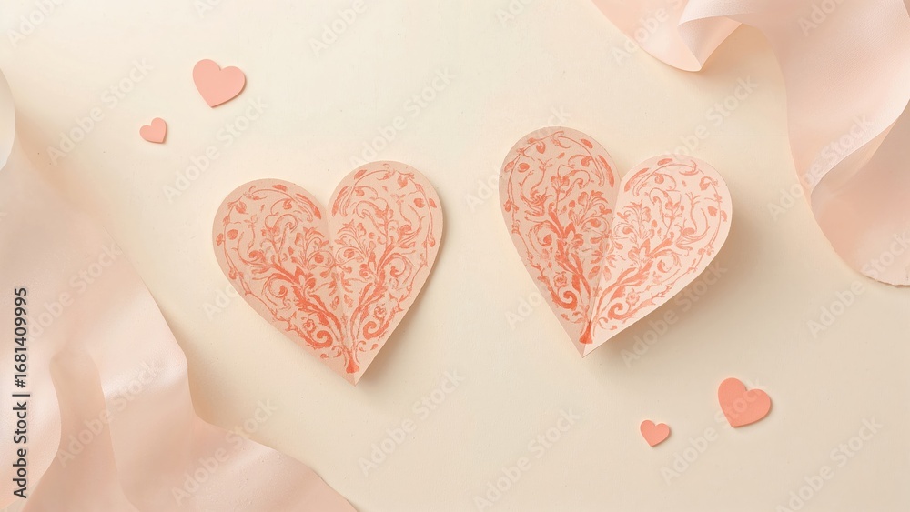 Fototapeta premium Two paper hearts crafted with AI for the day of love