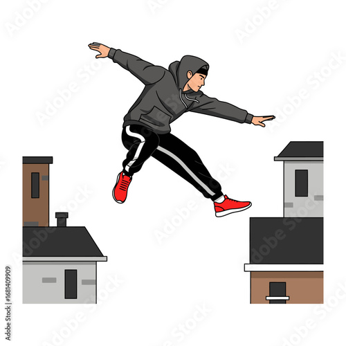 Agile City Jumper: Dynamic cartoon illustration showcasing a determined figure executing a daring parkour leap across city rooftops, symbolizing urban freedom and athletic prowess.