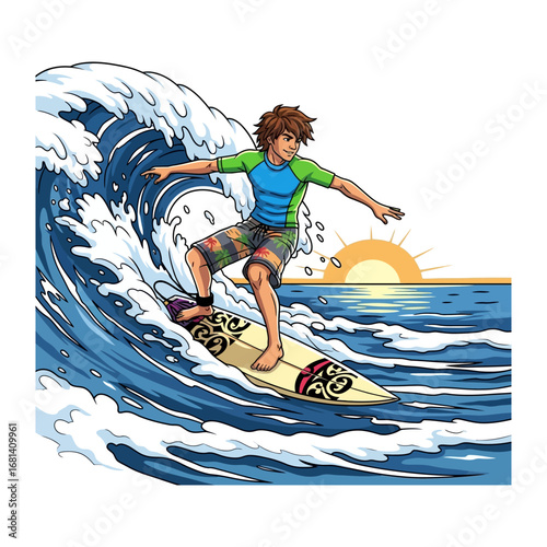 Riding the Wave: A surfer masterfully carves through a cresting wave, with a sunlit horizon painting a scene of oceanic adventure. 