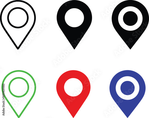 six location pin icons showing different styles on white